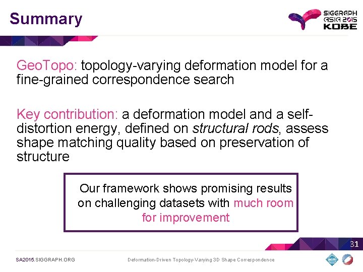 Summary Geo. Topo: topology-varying deformation model for a fine-grained correspondence search Key contribution: a