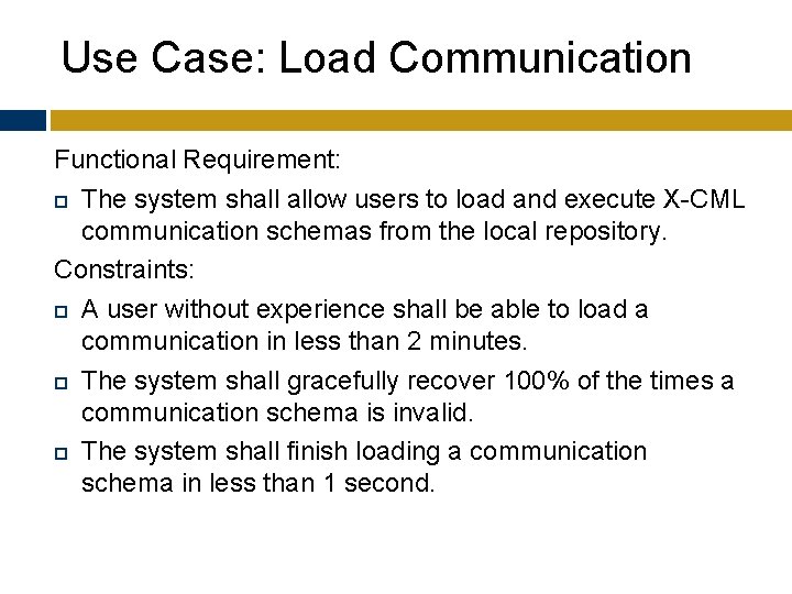 Use Case: Load Communication Functional Requirement: The system shall allow users to load and
