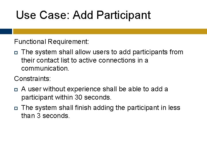 Use Case: Add Participant Functional Requirement: The system shall allow users to add participants