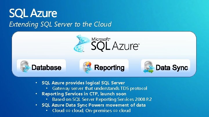 Extending SQL Server to the Cloud • • • SQL Azure provides logical SQL