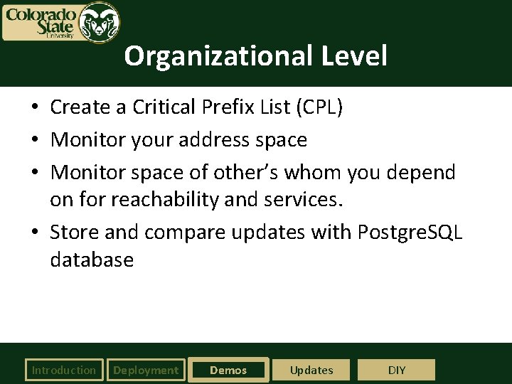Organizational Level • Create a Critical Prefix List (CPL) • Monitor your address space