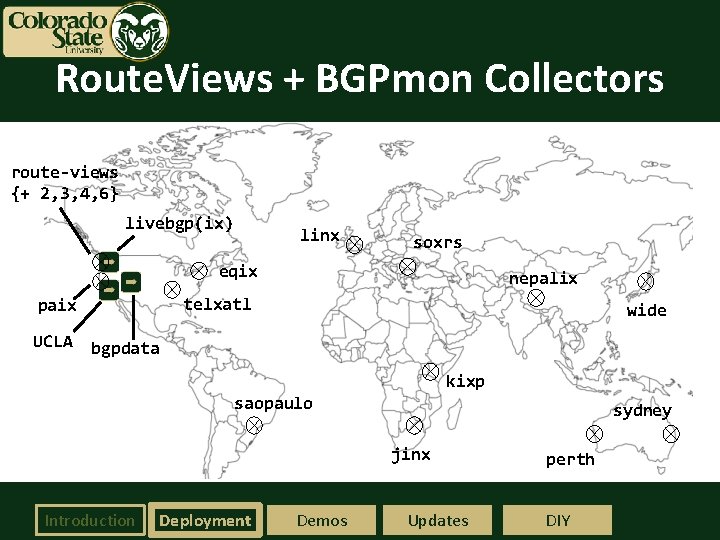 Route. Views + BGPmon Collectors route-views {+ 2, 3, 4, 6} livebgp(ix) linx soxrs