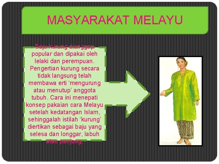 MASYARAKAT MELAYU Baju kurung dianggap popular dan dipakai oleh lelaki dan perempuan. Pengertian kurung