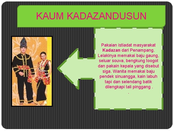 KAUM KADAZANDUSUN Pakaian istiadat masyarakat Kadazan dari Penampang. Lelakinya memakai baju gaung, seluar souva,
