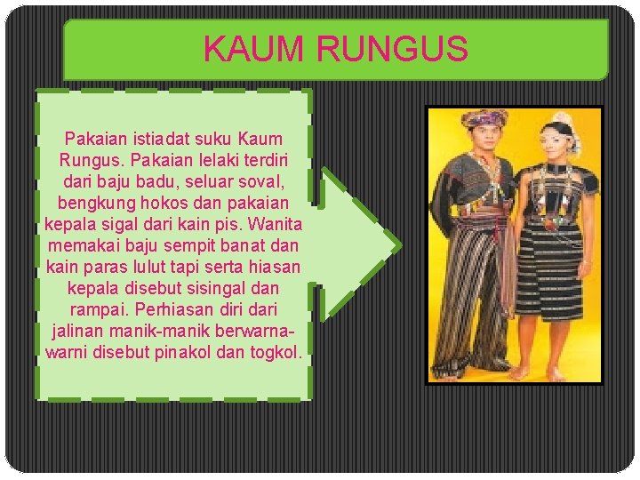 KAUM RUNGUS Pakaian istiadat suku Kaum Rungus. Pakaian lelaki terdiri dari baju badu, seluar