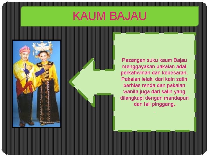 KAUM BAJAU Pasangan suku kaum Bajau menggayakan pakaian adat perkahwinan dan kebesaran. Pakaian lelaki