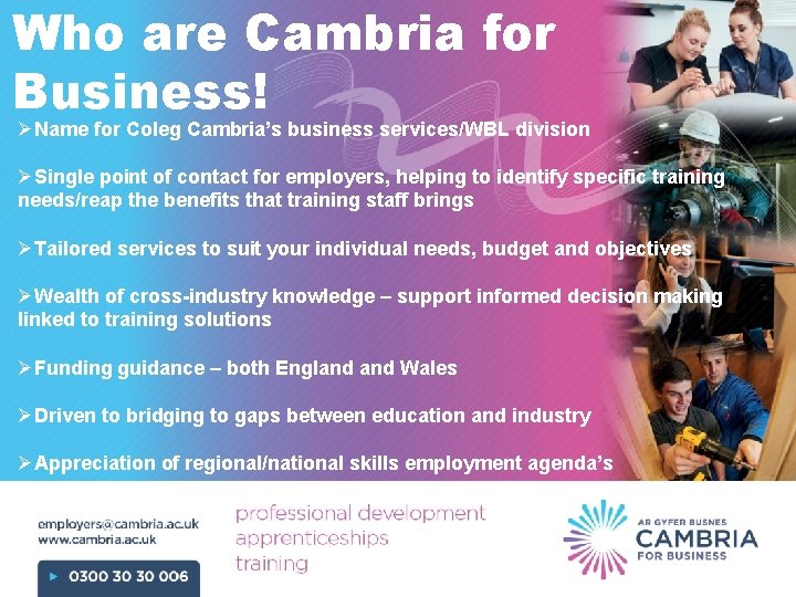 Who are Cambria for Business! ØName for Coleg Cambria’s business services/WBL division ØSingle point