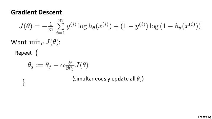 Gradient Descent Want : Repeat (simultaneously update all ) Andrew Ng 