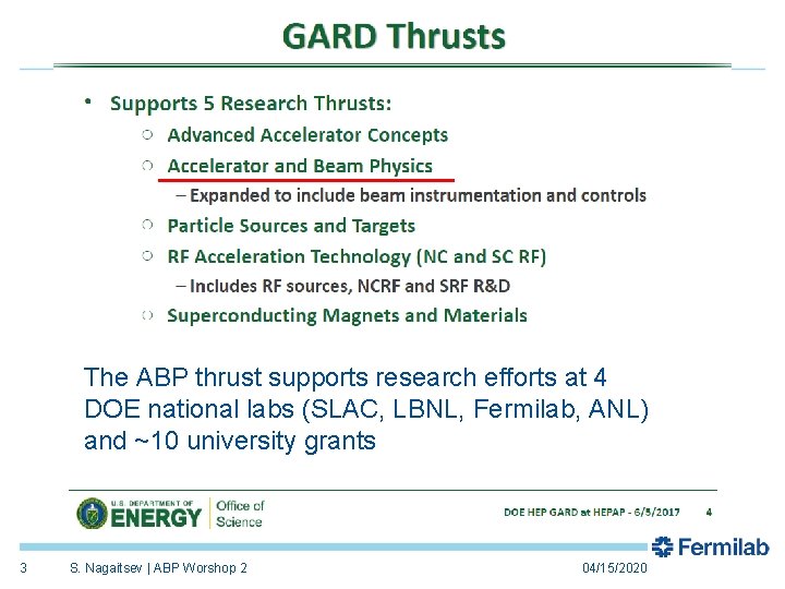 The ABP thrust supports research efforts at 4 DOE national labs (SLAC, LBNL, Fermilab,
