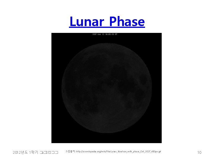 Lunar Phase 2 2012년도 1학기 �� =���� 그림출처: http: //en. wikipedia. org/wiki/File: Lunar_libration_with_phase_Oct_2007_450 px.