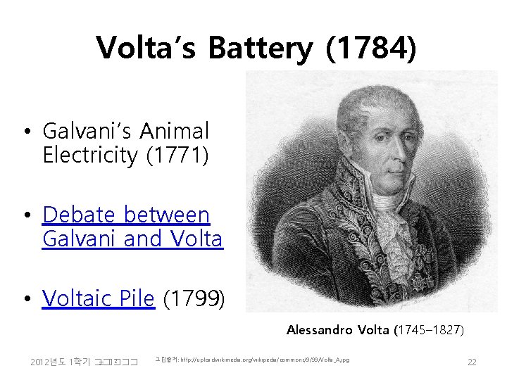 Volta’s Battery (1784) • Galvani’s Animal Electricity (1771) • Debate between Galvani and Volta