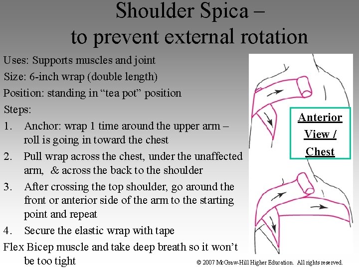 Shoulder Spica – to prevent external rotation Uses: Supports muscles and joint Size: 6