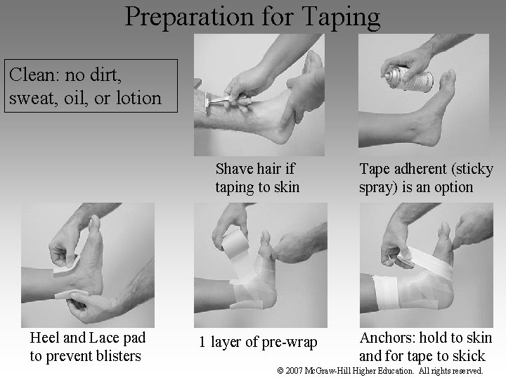 Preparation for Taping Clean: no dirt, sweat, oil, or lotion Heel and Lace pad