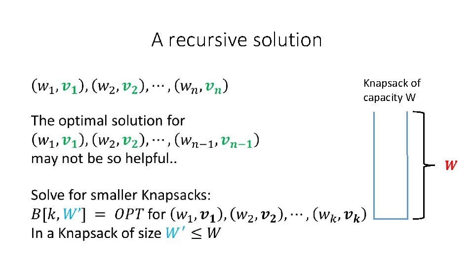 A recursive solution Knapsack of capacity W 