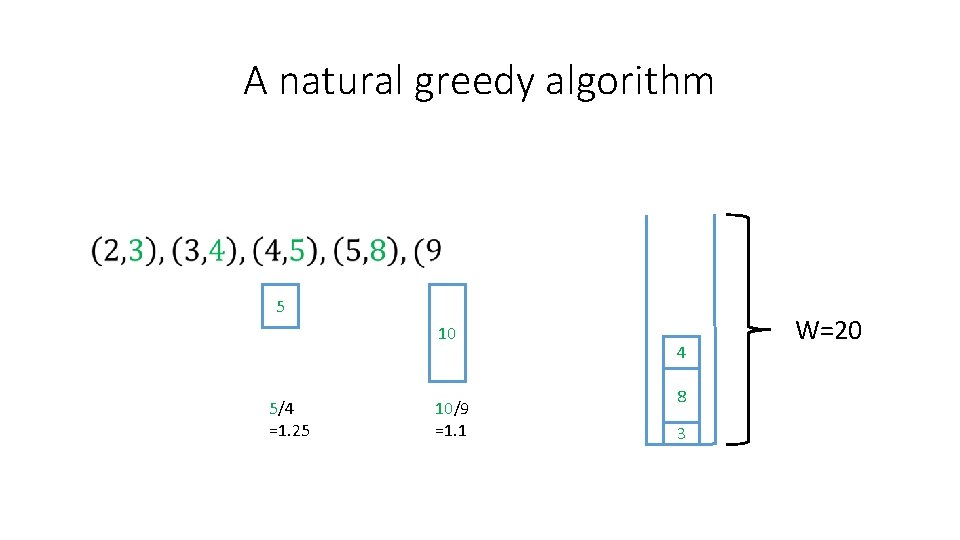 A natural greedy algorithm 5 10 5/4 =1. 25 10/9 =1. 1 4 8