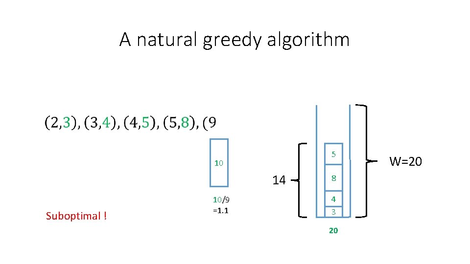 A natural greedy algorithm 5 10 14 Suboptimal ! 10/9 =1. 1 8 4