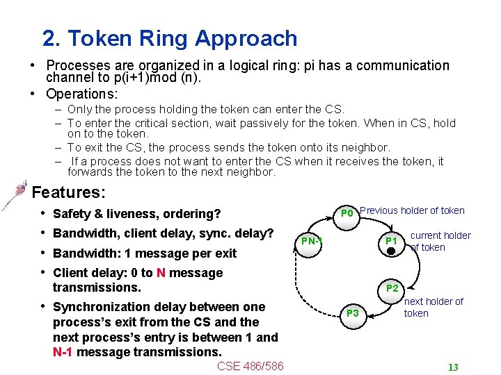 2. Token Ring Approach • Processes are organized in a logical ring: pi has