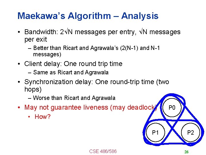 Maekawa’s Algorithm – Analysis • Bandwidth: 2 N messages per entry, N messages per
