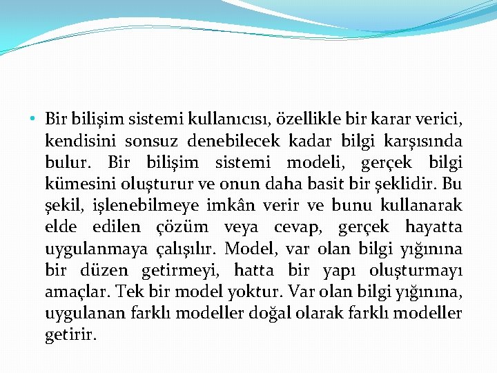  • Bir bilişim sistemi kullanıcısı, özellikle bir karar verici, kendisini sonsuz denebilecek kadar