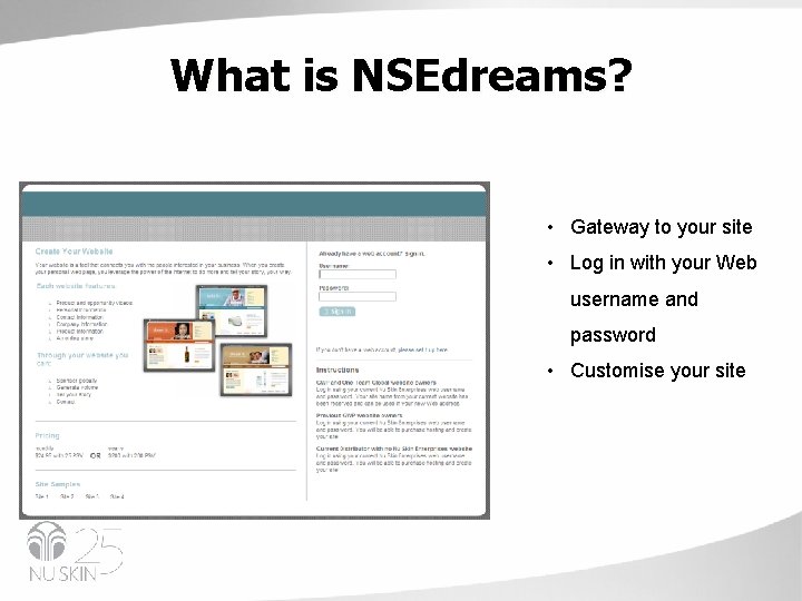 What is NSEdreams? • Gateway to your site • Log in with your Web