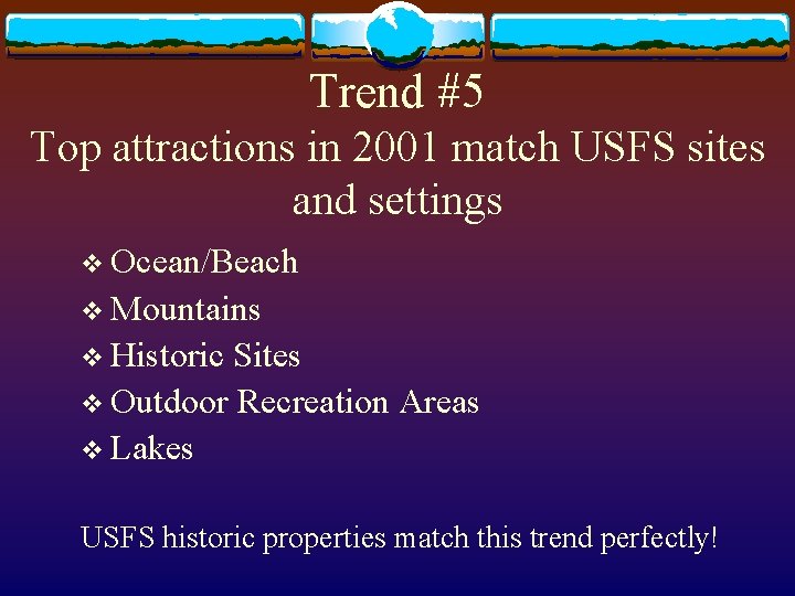 Trend #5 Top attractions in 2001 match USFS sites and settings v Ocean/Beach v