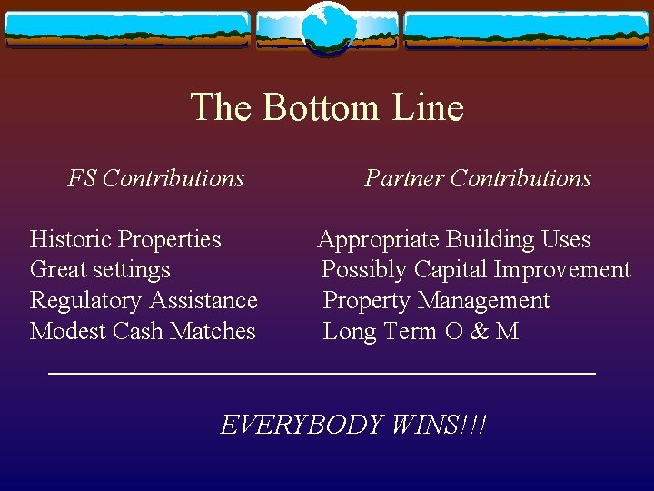 The Bottom Line FS Contributions Partner Contributions Historic Properties Appropriate Building Uses Great settings