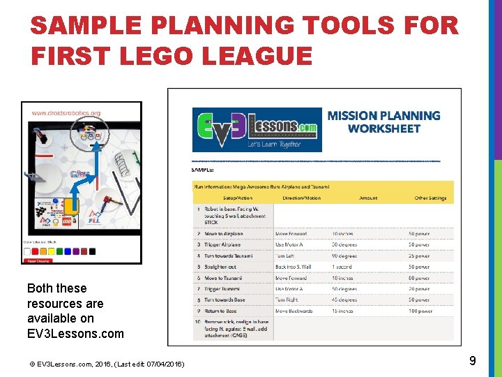 SAMPLE PLANNING TOOLS FOR FIRST LEGO LEAGUE Both these resources are available on EV