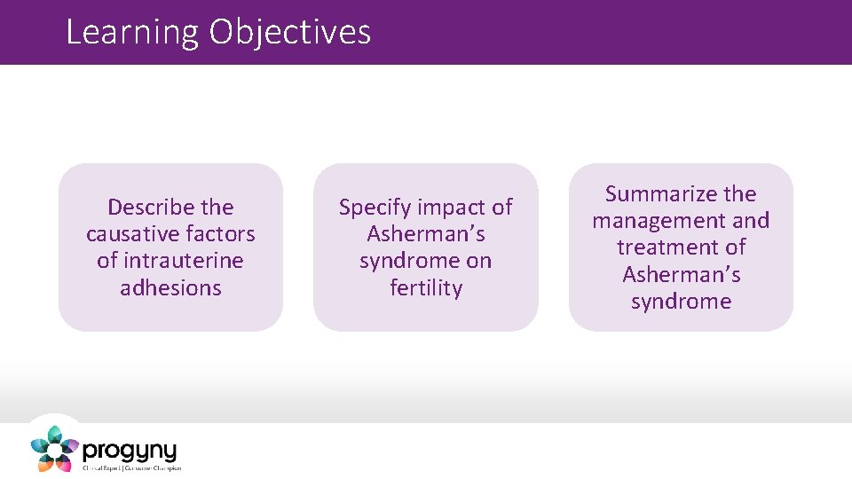 Learning Objectives Describe the causative factors of intrauterine adhesions Specify impact of Asherman’s syndrome
