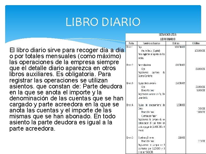 LIBRO DIARIO El libro diario sirve para recoger día a día o por totales