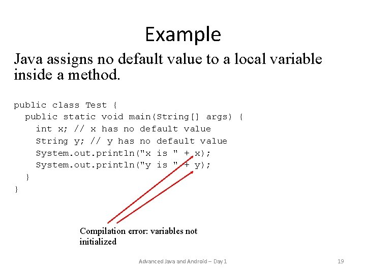 Example Java assigns no default value to a local variable inside a method. public Example Java assigns no default value to a local variable inside a method. public
