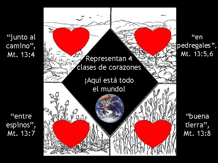 “junto al camino”, Mt. 13: 4 Representan 4 clases de corazones “en pedregales”, Mt.