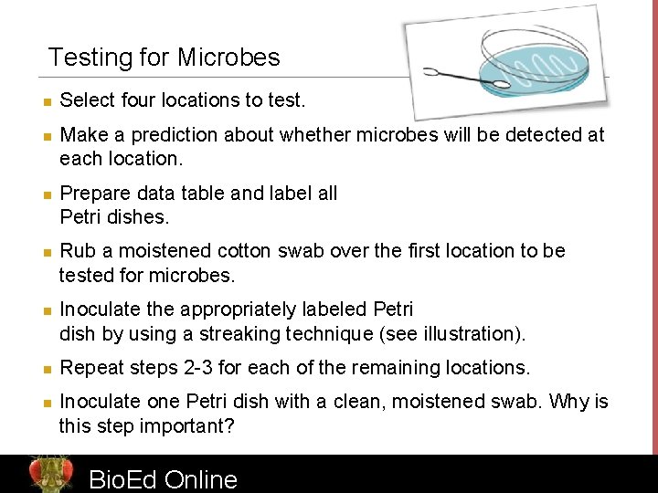 Testing for Microbes n n n n Select four locations to test. Make a