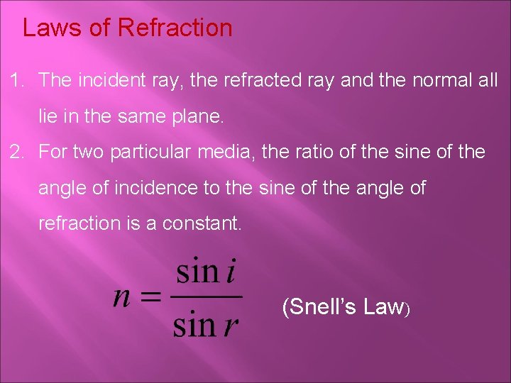 Laws of Refraction 1. The incident ray, the refracted ray and the normal all