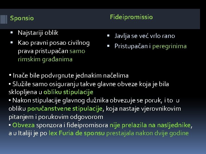 Sponsio Najstariji oblik Kao pravni posao civilnog prava pristupačan samo rimskim građanima Fideipromissio Javlja