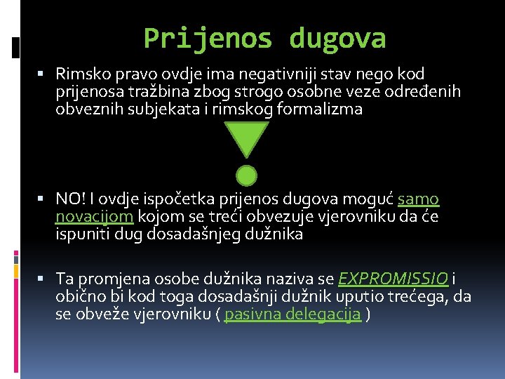 Prijenos dugova Rimsko pravo ovdje ima negativniji stav nego kod prijenosa tražbina zbog strogo