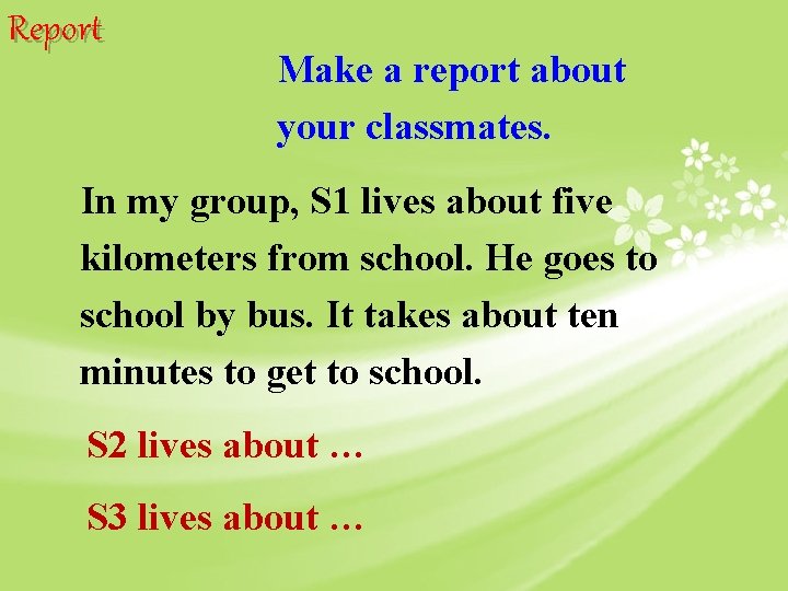 Report Make a report about your classmates. In my group, S 1 lives about