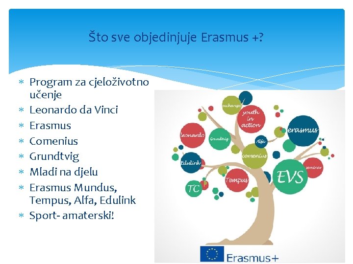 Što sve objedinjuje Erasmus +? Program za cjeloživotno učenje Leonardo da Vinci Erasmus Comenius