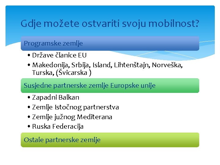 Gdje možete ostvariti svoju mobilnost? Programske zemlje • Države članice EU • Makedonija, Srbija,