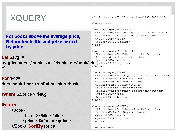 XQUERY For books above the average price, Return book title and price sorted by