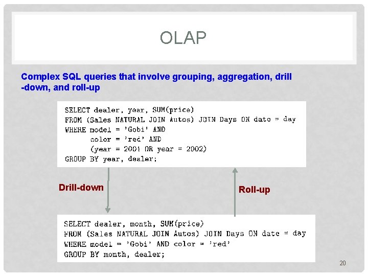 OLAP Complex SQL queries that involve grouping, aggregation, drill -down, and roll-up Drill-down Roll-up
