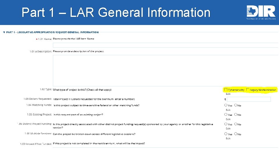 Part 1 – LAR General Information 