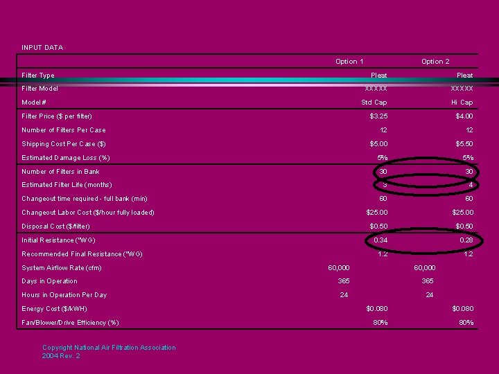 INPUT DATA Option 1 Filter Type Option 2 Pleat XXXXX Std Cap Hi Cap
