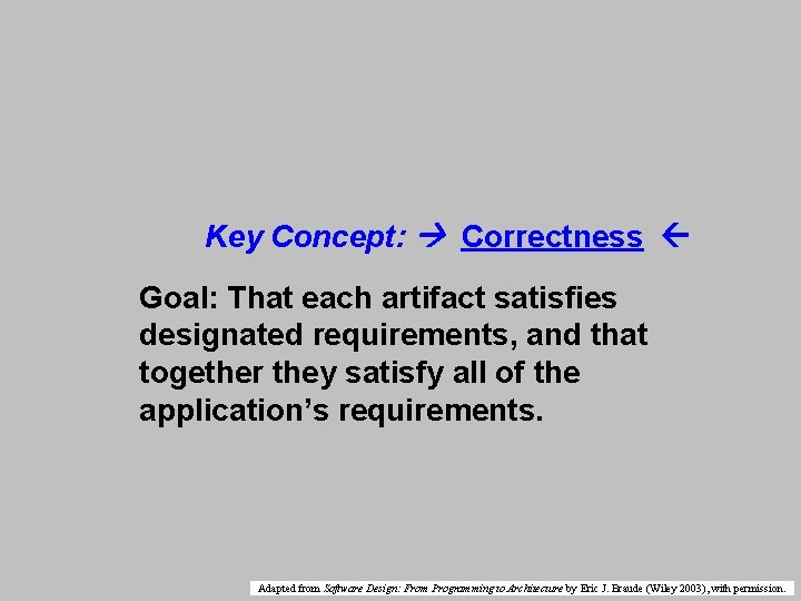 Key Concept: Correctness Goal: That each artifact satisfies designated requirements, and that together they