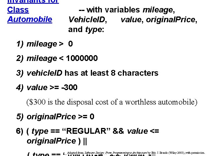 Invariants for Class -- with variables mileage, Automobile Vehicle. ID, value, original. Price, and