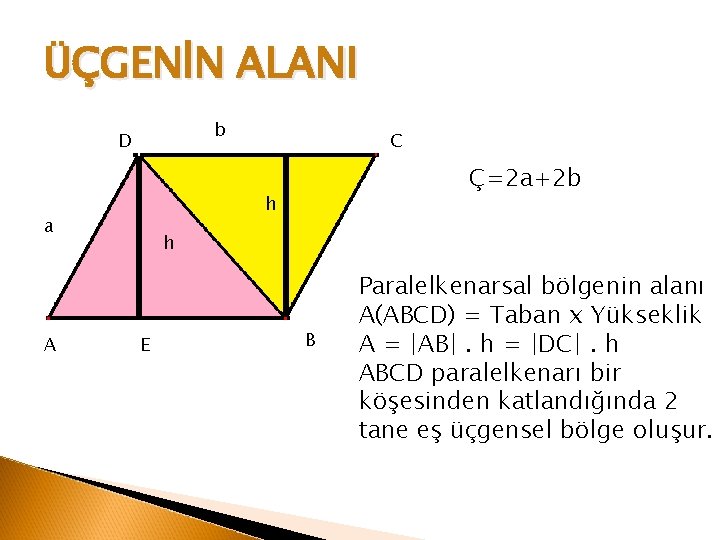 ÜÇGENİN ALANI b D Ç=2 a+2 b h a A C h E B