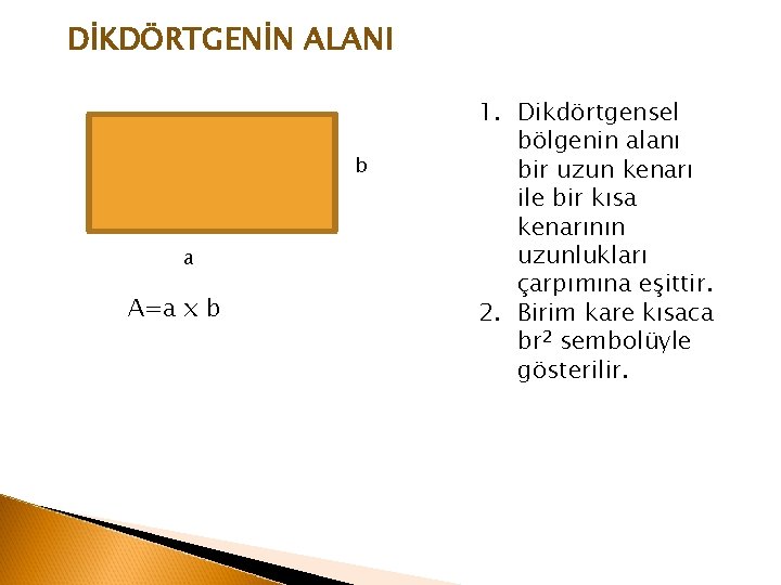 DİKDÖRTGENİN ALANI b a A=a x b 1. Dikdörtgensel bölgenin alanı bir uzun kenarı