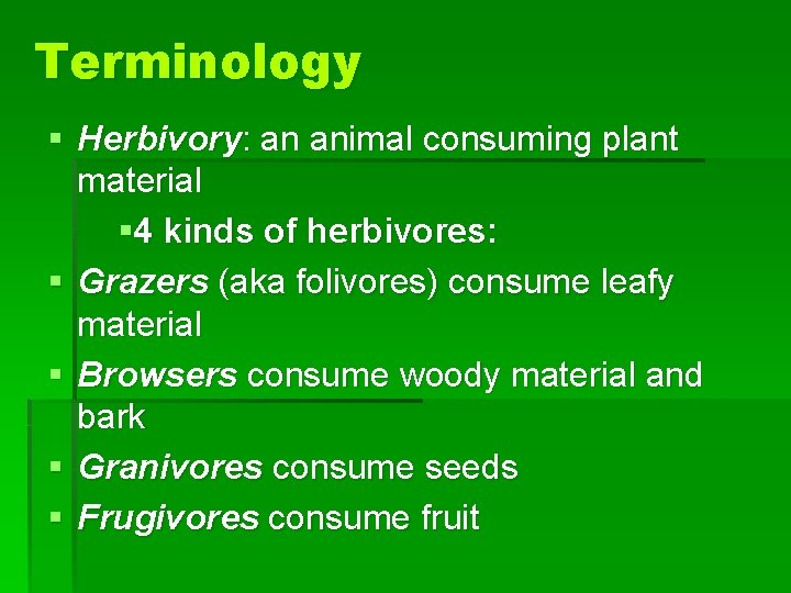Terminology § Herbivory: an animal consuming plant material § 4 kinds of herbivores: §