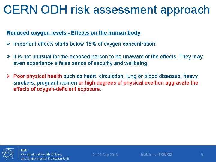 CERN ODH risk assessment approach Reduced oxygen levels - Effects on the human body