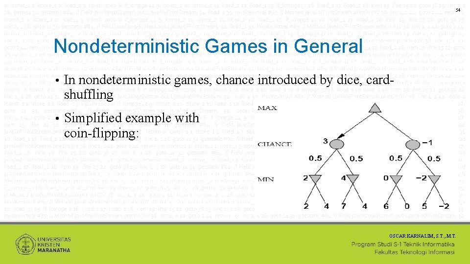 54 Nondeterministic Games in General • In nondeterministic games, chance introduced by dice, cardshuffling