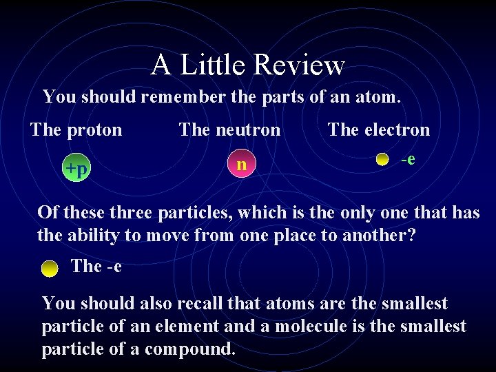 A Little Review You should remember the parts of an atom. The proton +p